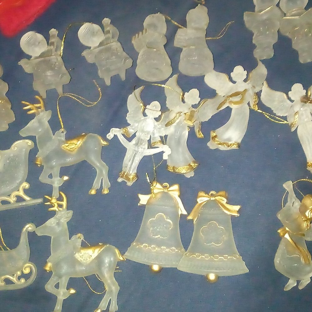 2 complete vintage Frosted Acrylic gold trimmed Christmas Tree Ornaments